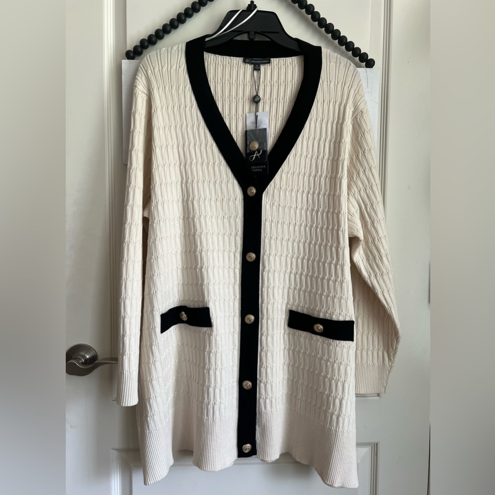Adrianna Papell V-Neck Button Front Long Cardigan Cream Black 3x Plus 22W 24W NW